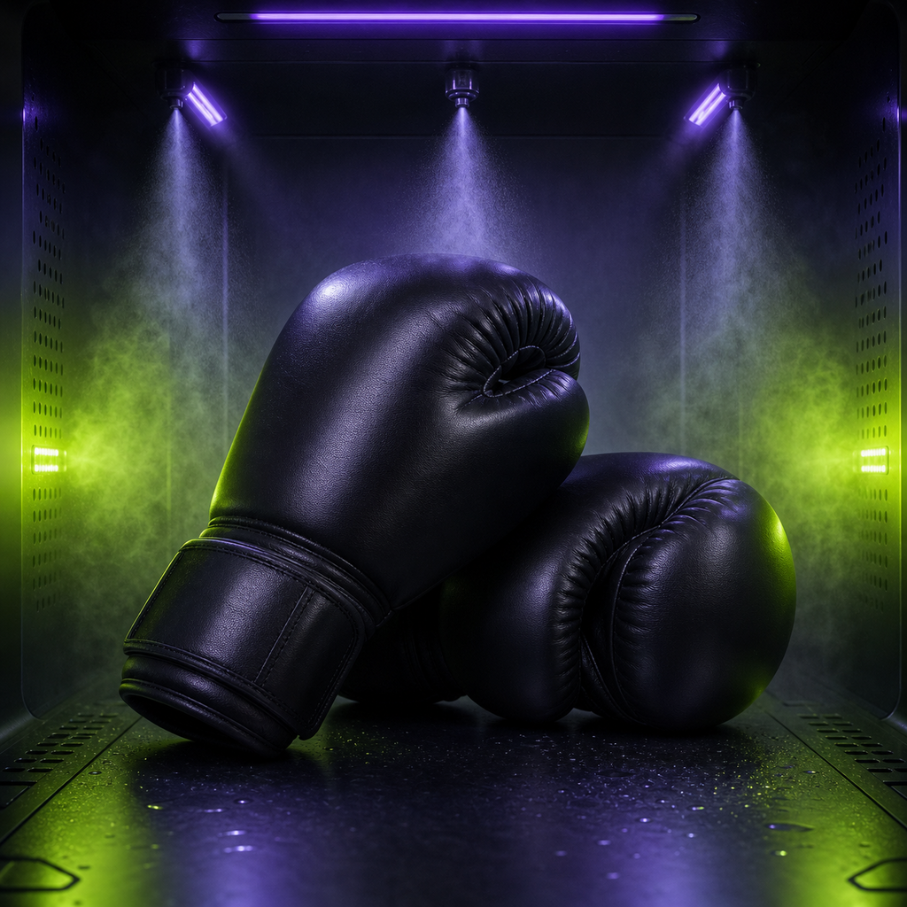 Boxing gloves being sanitized inside a PureX machine