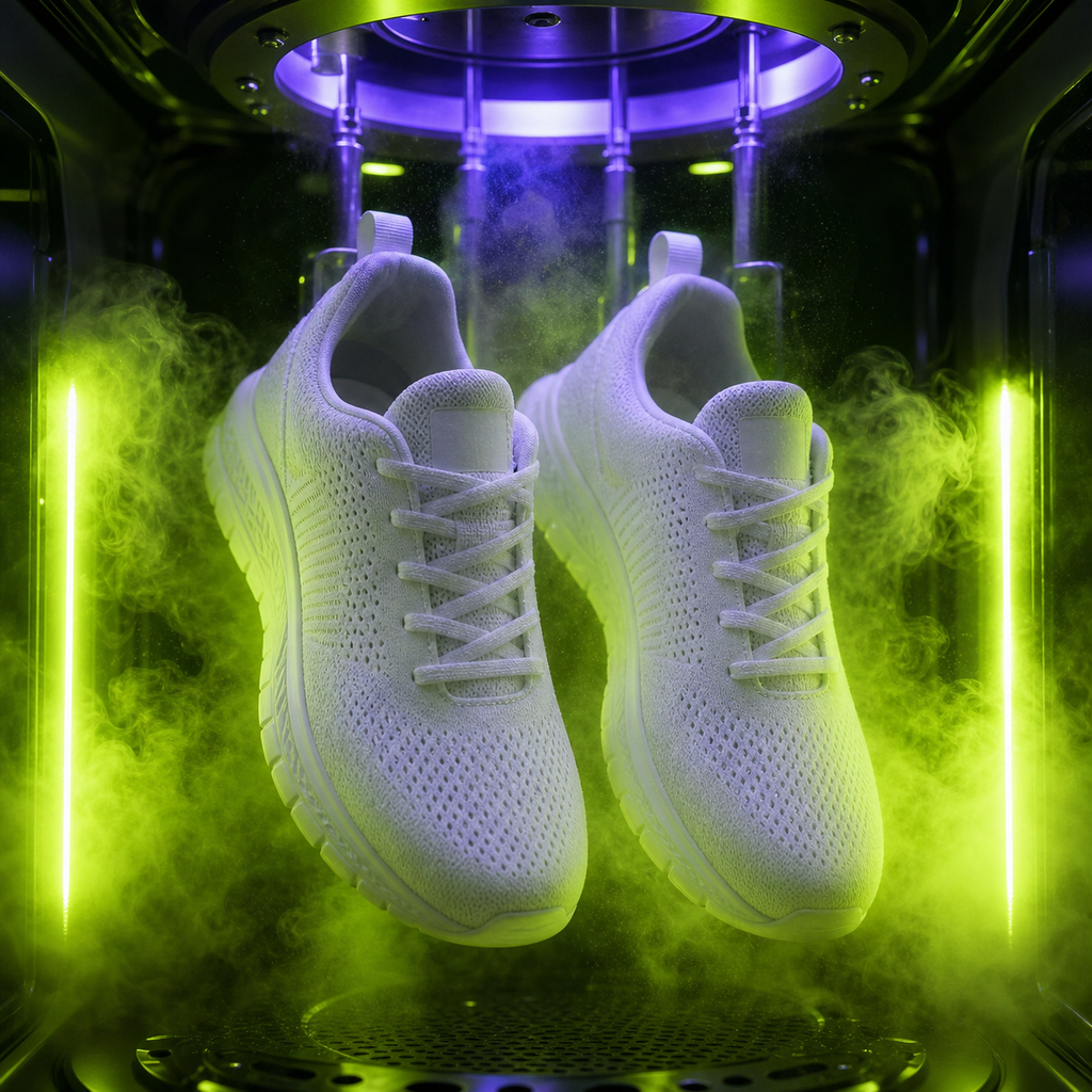 Sneakers being sanitized under UV-C light